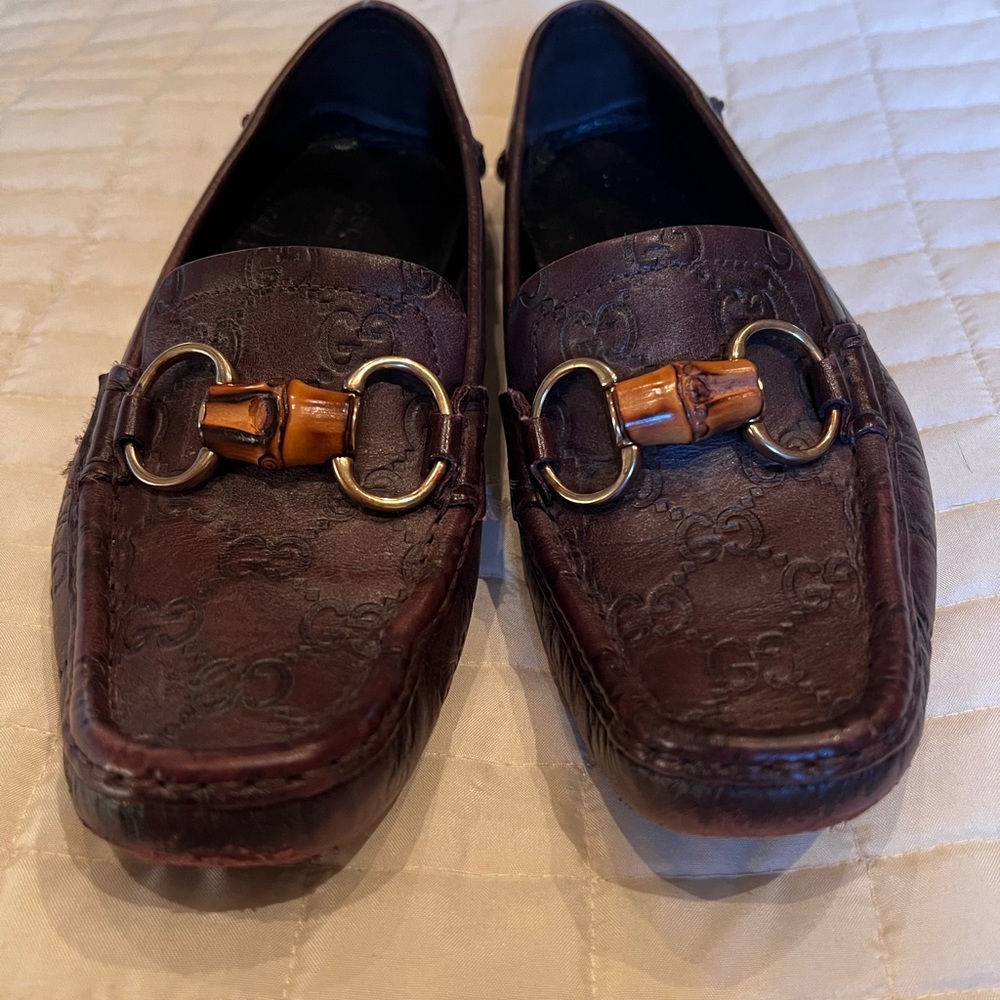 Gucci brown Guccissima bamboo horsebit ladies driving loafers